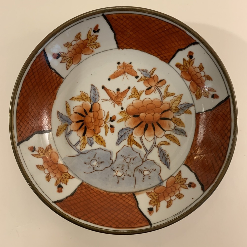 Chinoiserie Hand Painted Floral Plate Wall Hanging Orange White Copper Porcelain